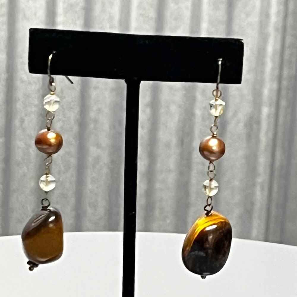 Tiger’s Eye & Pearl Dangle Earrings Boho Natural Gemstone Drop Pierced‎